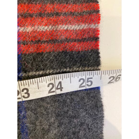 J. Crew Tartan Plaid Pom Pom Trim Holiday Scarf Gray Red Blue EUC OS Winter - Picture 5 of 7